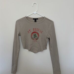 Forever 21 Beige Long-Sleeve Cropped Graphic Tee with Red & Green Crest